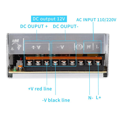 Close-up of terminal connections on 12V 30A 360W Universal Power Supply Adapter for CCTV Cams, PC Builds, and LED Strip Lights.