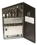 Pro Grade 18 Piece Spiral Point Tap And Drill Set with case, high speed steel, gold oxide finish, plug style for metalworking.