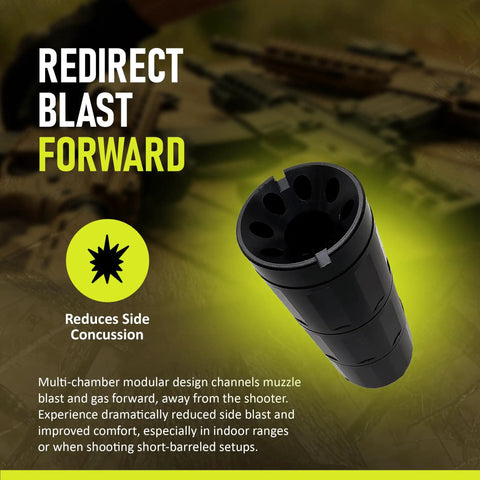 Beefy Heavy Duty CNC Machined 1/2x28 Threaded Enhancement Adapter promoting reduced blast in oxide black finish.