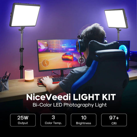 Gamer setup with 2-Pack 25W LED Video Lighting Kit, 73-inch tripods, and bright 352 LEDs for YouTube, vlogs, and studio use