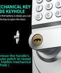Close-up of door lock with keypad showing hidden keyhole for Door Lock With Keypad And Handle Smart Keyless Entry.