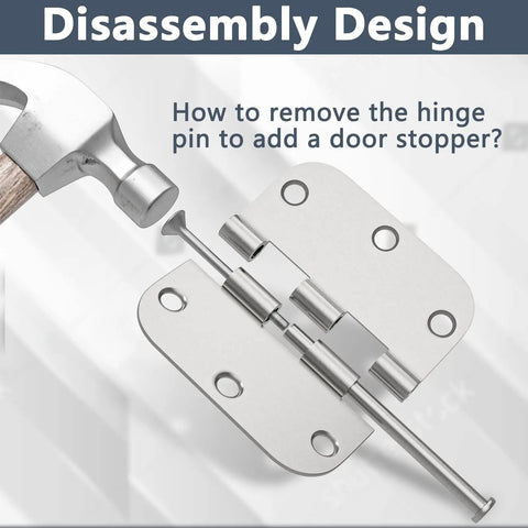 Heavy Duty 3.5 Inch Door Hinges Brushed Nickel With Five Eighths Radius, disassembled view with mounting holes and pin removal