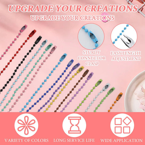 Colorful ball chains with buckles from 400 Pcs Ball Bead Chain Set With 3.94 Inch Dog Tag Chains Includes 100 Silver Replacement Buckles For Jewelry Making And DIY Crafts, Multicolor Ball Chains With Storage Box, Perfect For Craft Projects.