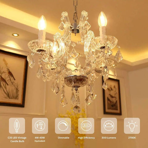 E14 Dimmable LED Bulb Warm White 110V 300 Lumens 4W Energy Saver 40W Incandescent Equivalent in chandelier setting