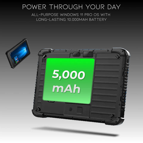 Heavy Duty Rugged Windows 11 Pro Tablet Featuring An Integrated Barcode Scanner All Day Juice And An Ironclad Exterior With 5000mAh battery.