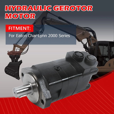 Beefy Hydraulic Motor Replacement For Eaton Char-Lynn 2000 Series 104-1005-006 with 1-Inch Shaft, excavator background.