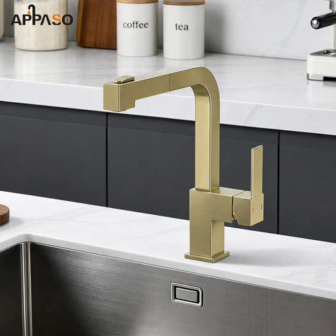 APPASO Gold Kitchen Faucet with Pull Down Kitchen Faucets showing a high arc design on a modern kitchen sink.