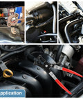 Close-up of 152 Piece Spring Band Hose Clamp Kit with Pliers on automotive engine hoses, showcasing usage applications.