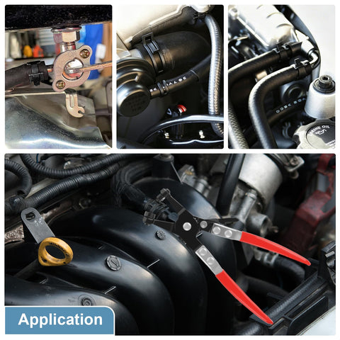 Close-up of 152 Piece Spring Band Hose Clamp Kit with Pliers on automotive engine hoses, showcasing usage applications.