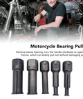 Thinking Process: 12-piece metal motorcycle bearing puller kit for removing sleeve bearings, shown with mechanic use