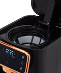 Heavy Duty 12 Cup Dual Brew Coffee Maker Built For Hot And Cold Brewing Keep Warm Plate Delay Timer Adjustable Strength black interior and display.