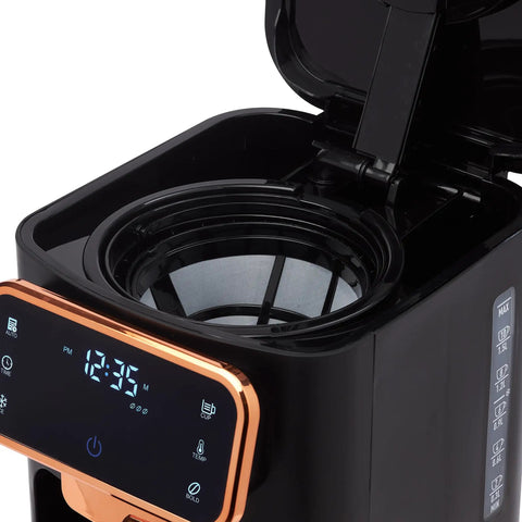 Heavy Duty 12 Cup Dual Brew Coffee Maker Built For Hot And Cold Brewing Keep Warm Plate Delay Timer Adjustable Strength black interior and display.