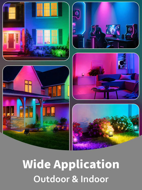 Outdoor RGB LED Flood Lights 10W Waterproof Security Lights With Remote US Plug 120 Degree Beam Color Changing Memory Ideal For Garden Backyard Garage Landscape Stage Decor 5 Pack in various outdoor and indoor settings