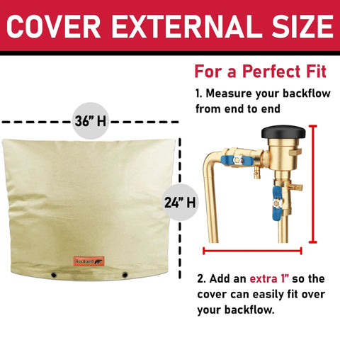 Winter Ready Backflow Preventer Insulation Cover For Outdoor Sprinklers 36 Inches Wide By 24 Inches High With UV Shield Beige shown with external size guide.