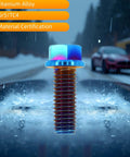 Slick Grade A Titanium Flange Hex Bolts M8 X 20Mm Six Pack Burnt Blue Anodized Finish with rain backdrop on a vehicle.