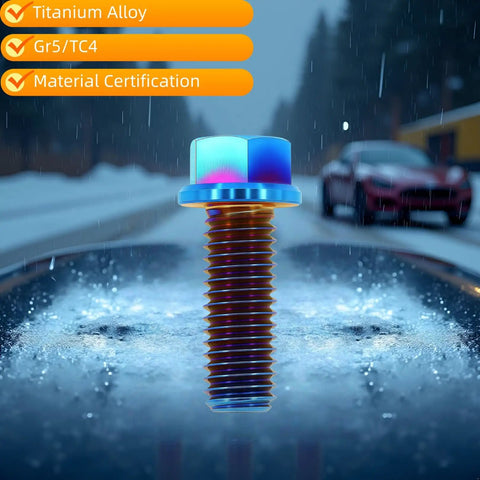 Slick Grade A Titanium Flange Hex Bolts M8 X 20Mm Six Pack Burnt Blue Anodized Finish with rain backdrop on a vehicle.