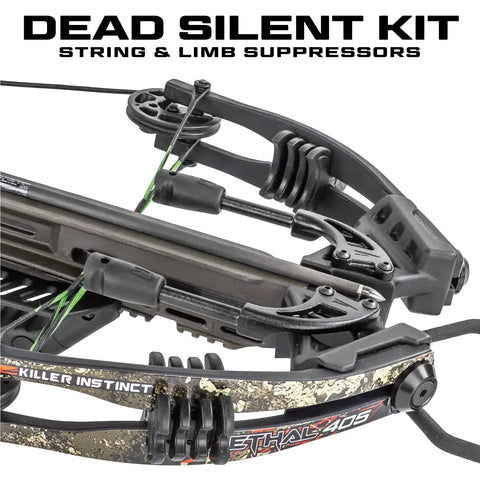 Close-up of Lethal 405 FPS Crossbow with Beast Mode Pro Package showing string suppressors and camo design.
