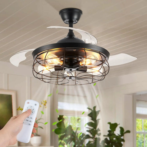 Dope 42 Inch Retractable Ceiling Fan With Lights In Farmhouse Industrial Style Caged Fandelier With Remote Control 6 Speed