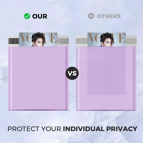Comparison of Big Ol Lavender Bubble Mailers 12x15 Inch 40 Pack Waterproof Padded Envelopes showing opaque privacy feature.