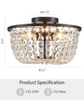 Dope Crystal Chandelier Flush Mount Ceiling Light For Bedroom Hallway Bar Kitchen Bathroom 8.4 In High By 13 In Wide Black Finish