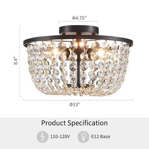 Dope Crystal Chandelier Flush Mount Ceiling Light For Bedroom Hallway Bar Kitchen Bathroom 8.4 In High By 13 In Wide Black Finish