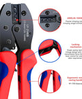Close-up of red and black crimping tool included in Solar Panel Connector Kit With 60 Pieces Male And Female Connectors.