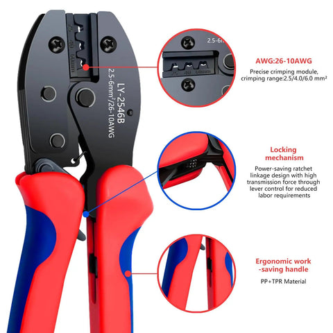 Close-up of red and black crimping tool included in Solar Panel Connector Kit With 60 Pieces Male And Female Connectors.