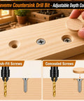 Pro Level Adjustable Titanium Hss Steel Countersink Drill Bit Set 11 Piece Heavy Duty Woodworking Kit demonstrating adjustable depth control.