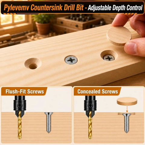Pro Level Adjustable Titanium Hss Steel Countersink Drill Bit Set 11 Piece Heavy Duty Woodworking Kit demonstrating adjustable depth control.