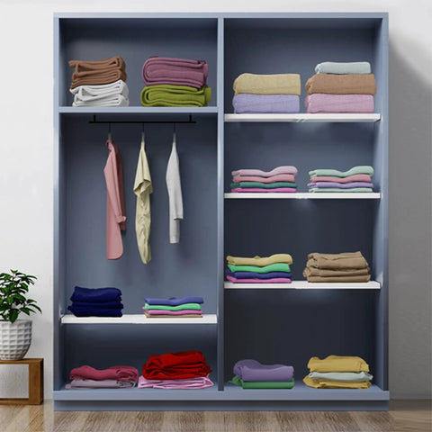 Organized wardrobe with folded clothes using Adjustable Heavy Duty Metal Tension Closet Shelf Organizer Expandable Locker Shelf.