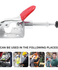 4 Piece Quick Release Toggle Clamp Set With Push Pull Straight Line Action, silver and red clamp, shown with usage examples.