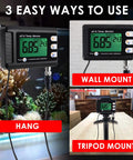 2 In 1 pH And Temperature Meter With ATC Dual Display Water Quality Tester shown wall-mounted, hanging, and on a tripod