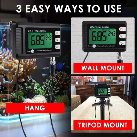 2 In 1 pH And Temperature Meter With ATC Dual Display Water Quality Tester shown wall-mounted, hanging, and on a tripod