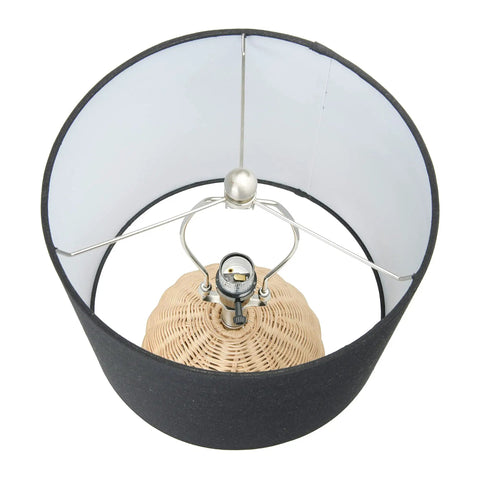 Interior view of Boho Woven Rattan Table Lamp with Black Linen Shade in Natural Finish, showing rattan base and rotary switch