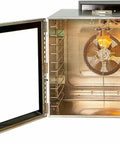 Interior view of Ten Tray Electric Food Dehydrator Machine With Simple Temp Control And Heavy Duty Motor with racks and fan.