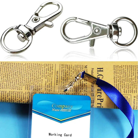 30 Pack Silver Zinc Alloy Swivel Lanyard Snap Hooks With Tight Grip Clamp And Smooth 360 Spin attached to a lanyard with badge.