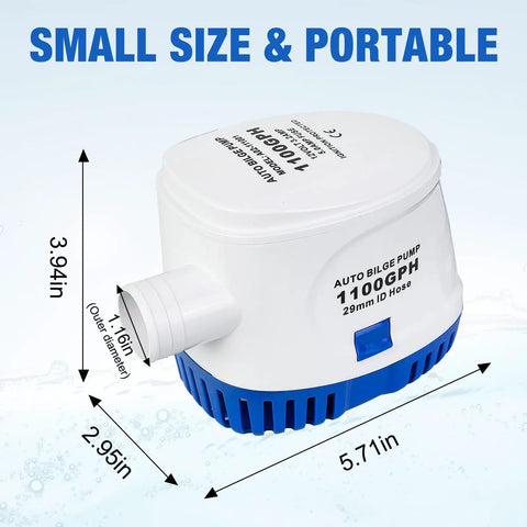 Automatic Submersible Bilge Water Pump 12V 1100GPH with dimensions and outlet size displayed, small size and portable design.