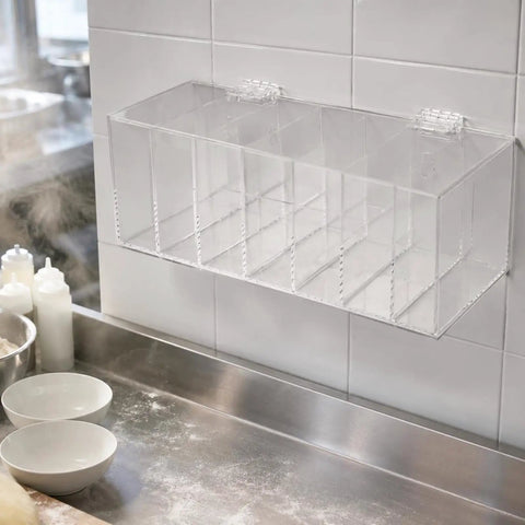 Slick Acrylic Label Organizer With Split Dividers To Keep Ya Organized And Ditch The Clutter Clear Hinged Dispenser Box wall-mounted storage.