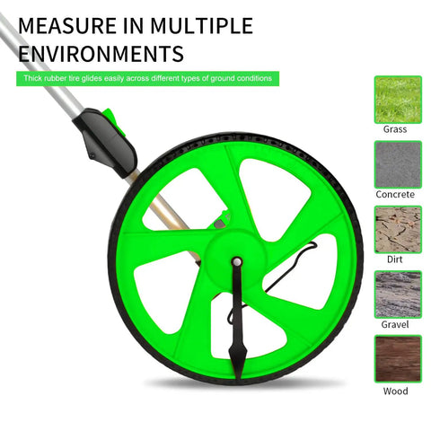 Distance Measuring Wheel With 10K Ft Range, showing green wheel and multiple terrain compatibility, highlighting rubber tire and handle.