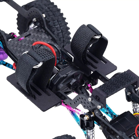 Close-up of Carbon Fiber LCG Chassis Frame Rail Kit For 1/24 RC Crawler Adds Low Center Of Gravity Handling Multiple Shock Mounts.