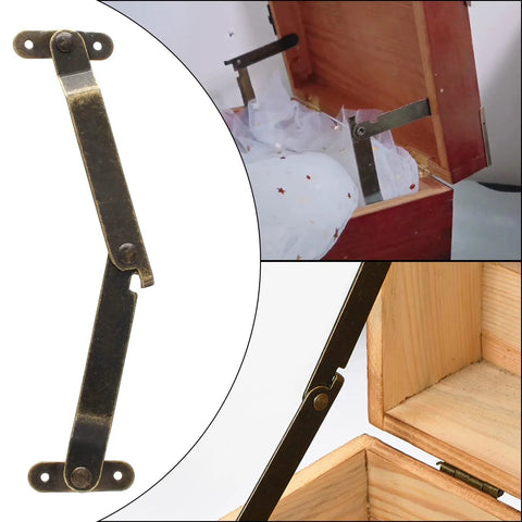 Heavy Duty Antique Brass Lid Support Hinge Pair With Pro Level Mounting Hardware For Retractable Cabinet Doors and Furniture Makeover Hassle Free Assembly installed on wooden box top