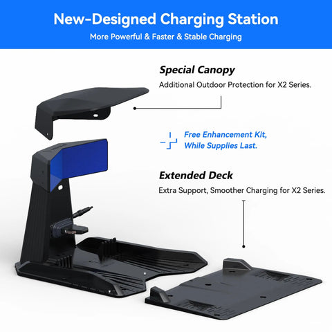 New-designed charging station for X2 Pro Auto Mapping Robot Lawn Mower with canopy and extended deck.