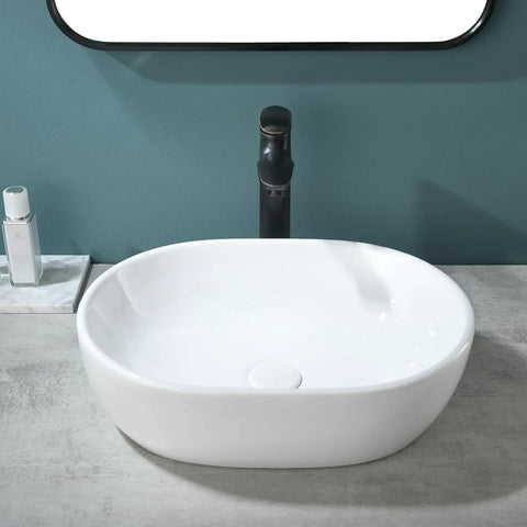Oval Vessel Sink 19x14 Inches Ceramic Above Counter White Porcelain Modern Art Basin For Lavatory Vanity Cabinet Sleek Dope Look Durable White Glaze Easy Clean Contemporary Bathroom Fixture