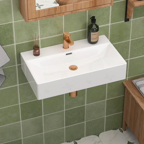 CHIKESI 24"x14" Wall Mount Sink, White Rectangular with faucet on a green tiled wall in a modern bathroom.
