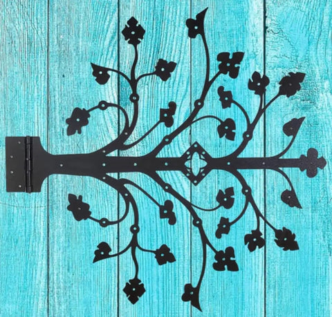 Kick Ass Wrought Iron Door Hinges With Glossy Black Powder Coating pattern on turquoise wood background.