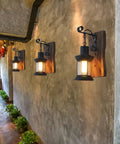 Rustic Farmhouse Wall Sconce With Wood And Metal Finish, Industrial Vintage Style Indoor Lighting With Clear Glass in hallway