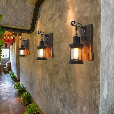 Rustic Farmhouse Wall Sconce With Wood And Metal Finish, Industrial Vintage Style Indoor Lighting With Clear Glass in hallway