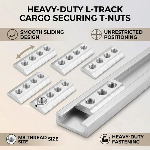 Heavy Duty Truck Bed T Slot Nuts 8mm Tie Down Hardware Easy Slide Into L Track with M8 thread size for cargo security.