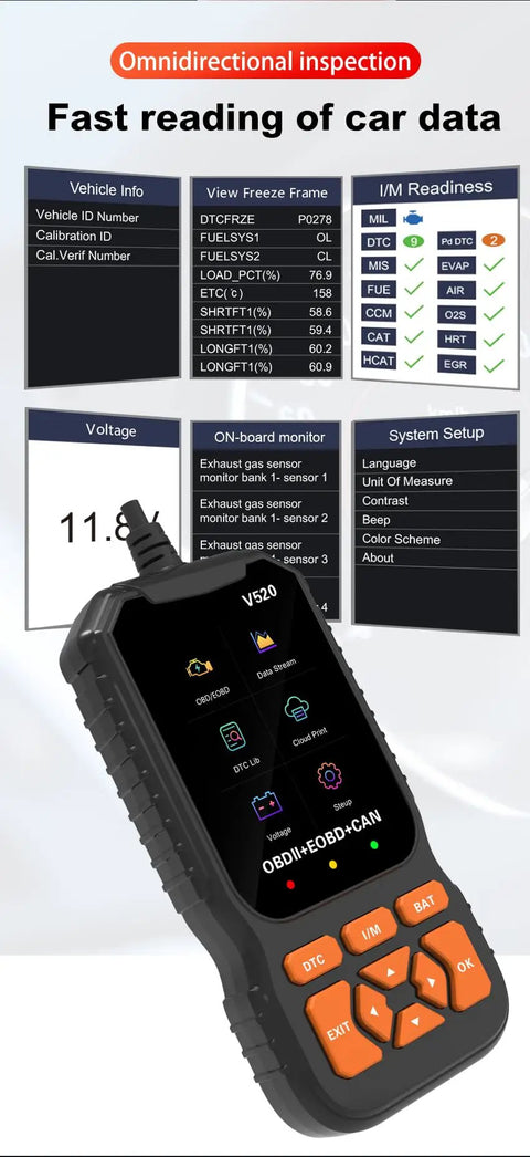 No Sweat OBD2 Diagnostic Scanner Tool That Resets Engine Trouble Codes Fast Reads Freeze Frame Data And Emissions Readiness showing device interface and buttons.
