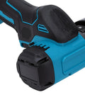 Close-up of the Dual Threat Mini Cordless Circular Saw and Angle Grinder with Brushless Motor, showcasing its compact design.